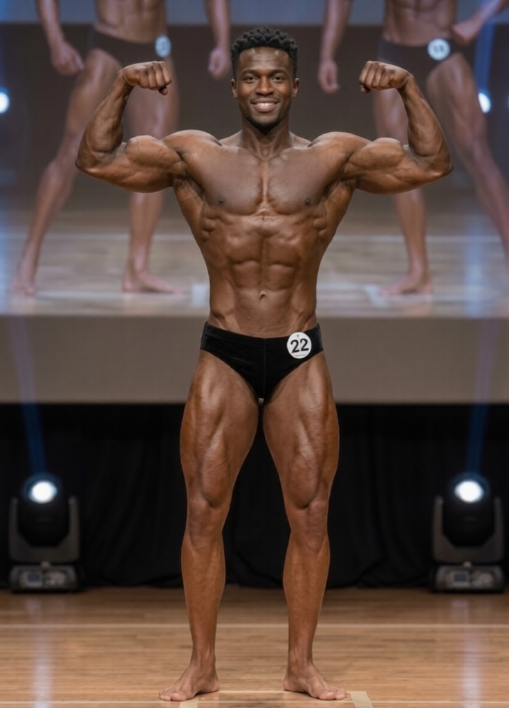 Vältränad manlig kroppsbyggare gör en 'double biceps'-pose på scenen. Relevant för Classic Bodybuilding och hjälp med licensansökan.