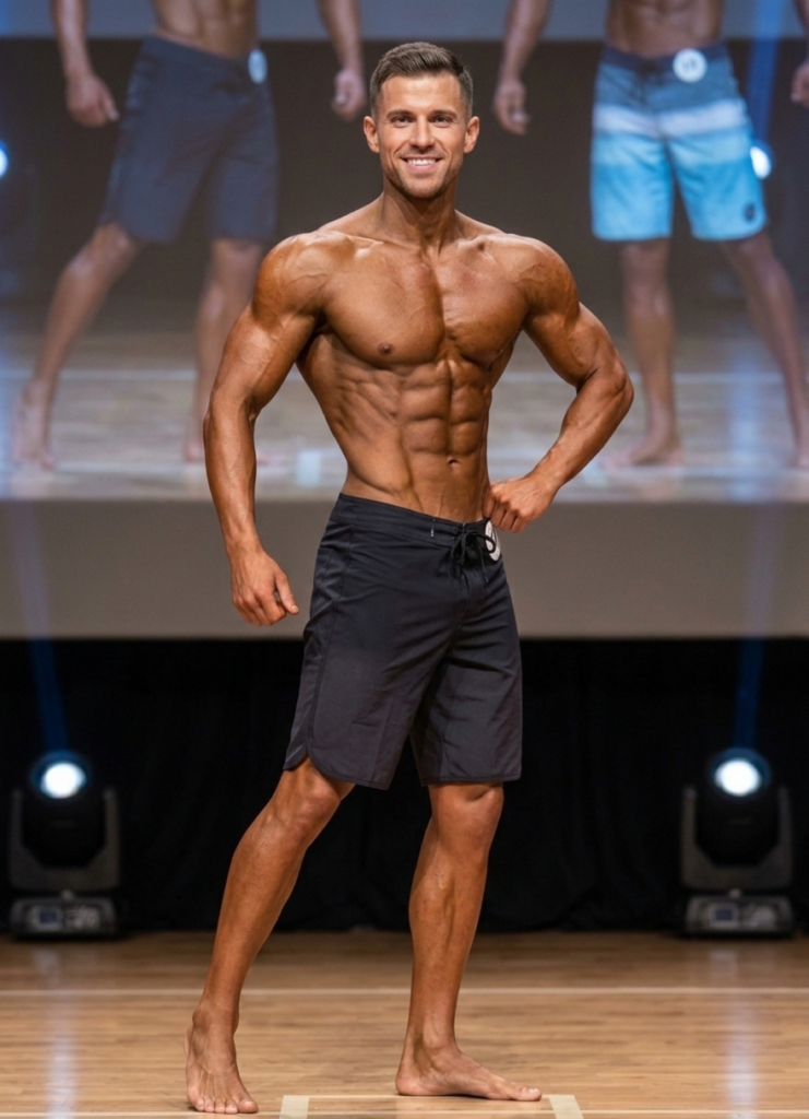 Manlig atlet i svarta boardshorts poserar på bodybuilding-scenen. Fokus på Men's Physique och tävlingstjänst utan team.